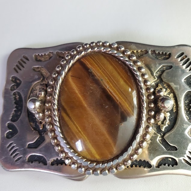 Vintage Southwestern Silver Tone Tigers Eye Belt Buckle Etched Design Cowboy