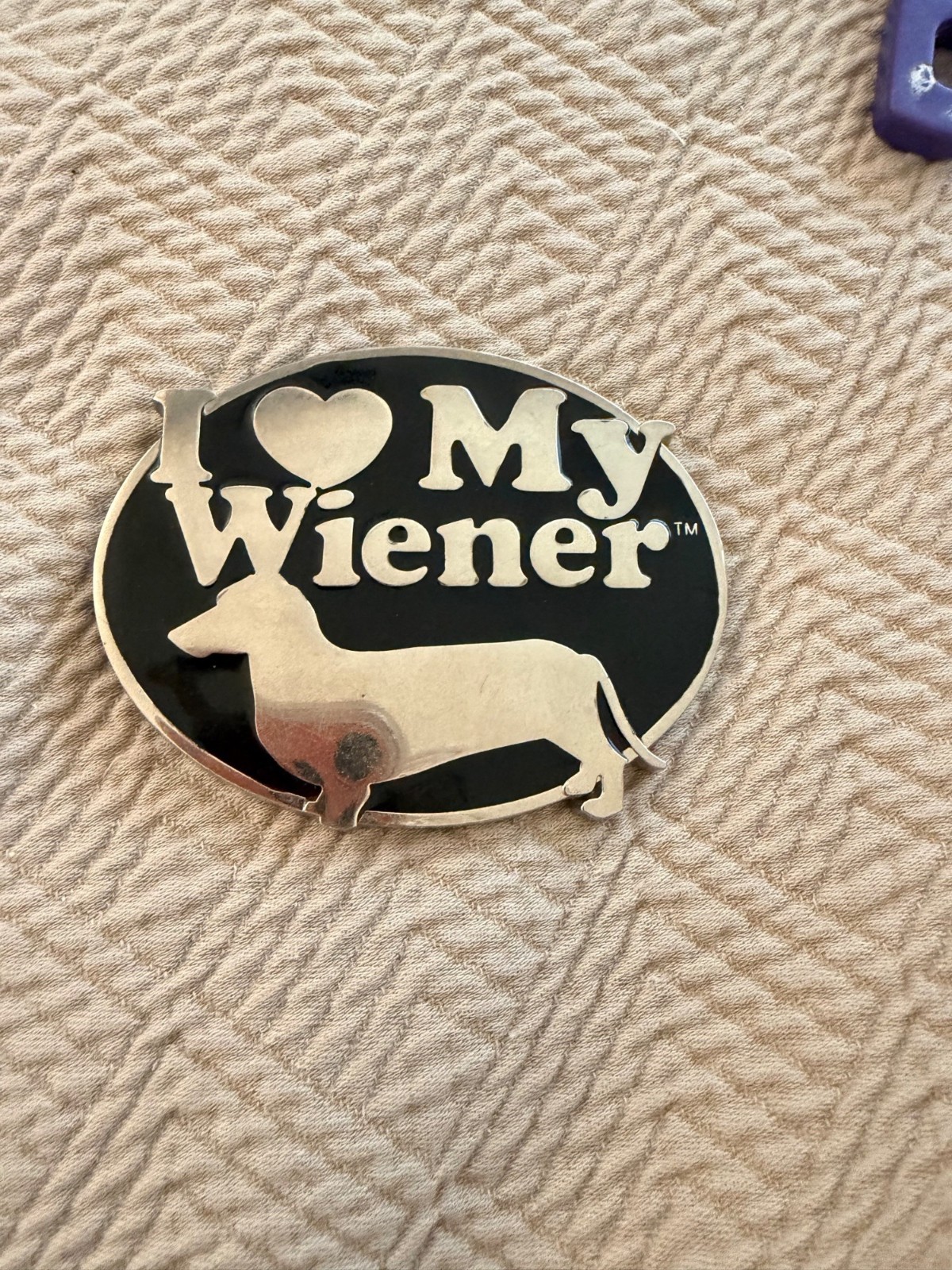 Ripple Junction I Love My Wiener Belt Buckle Silver Tone Black Enamel Y2K