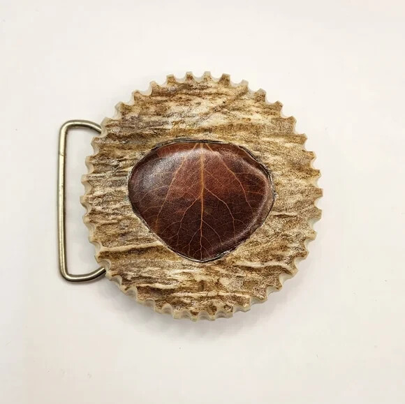 Moose Antler Belt Buckle Resin Leaf Inlay Artist from Montana Statement Men&rsquo;s