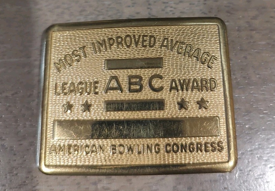 Vintage ABC Bowling League Award Brass Belt Buckle Most Improved Average Free SH