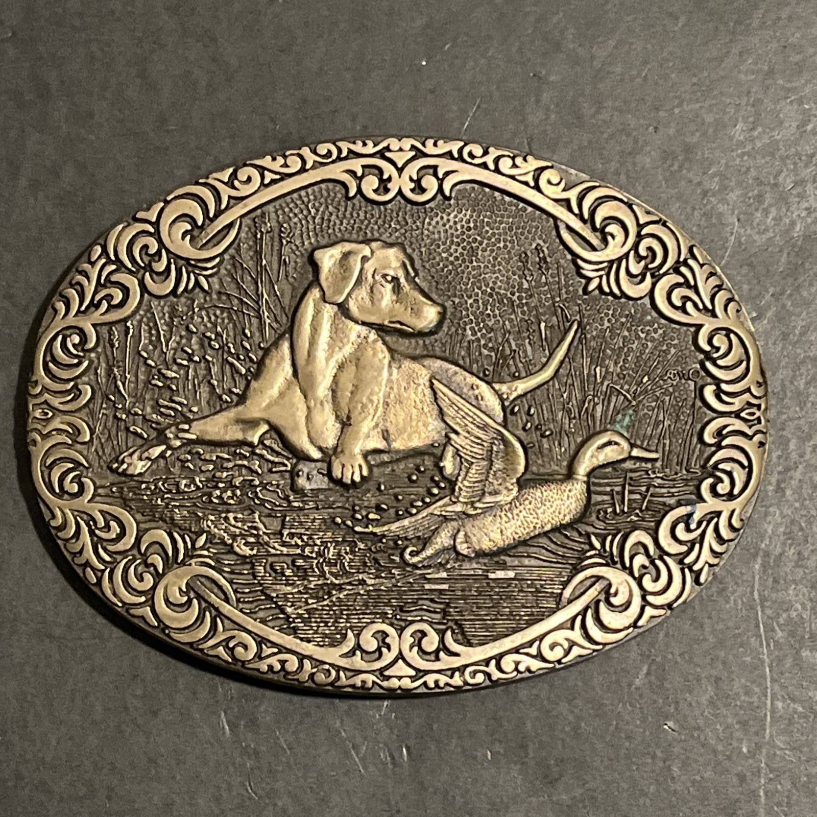 Solid Brass Hunting Scene Dog Lab and Duck Belt Buckle ADM Award Design Medals