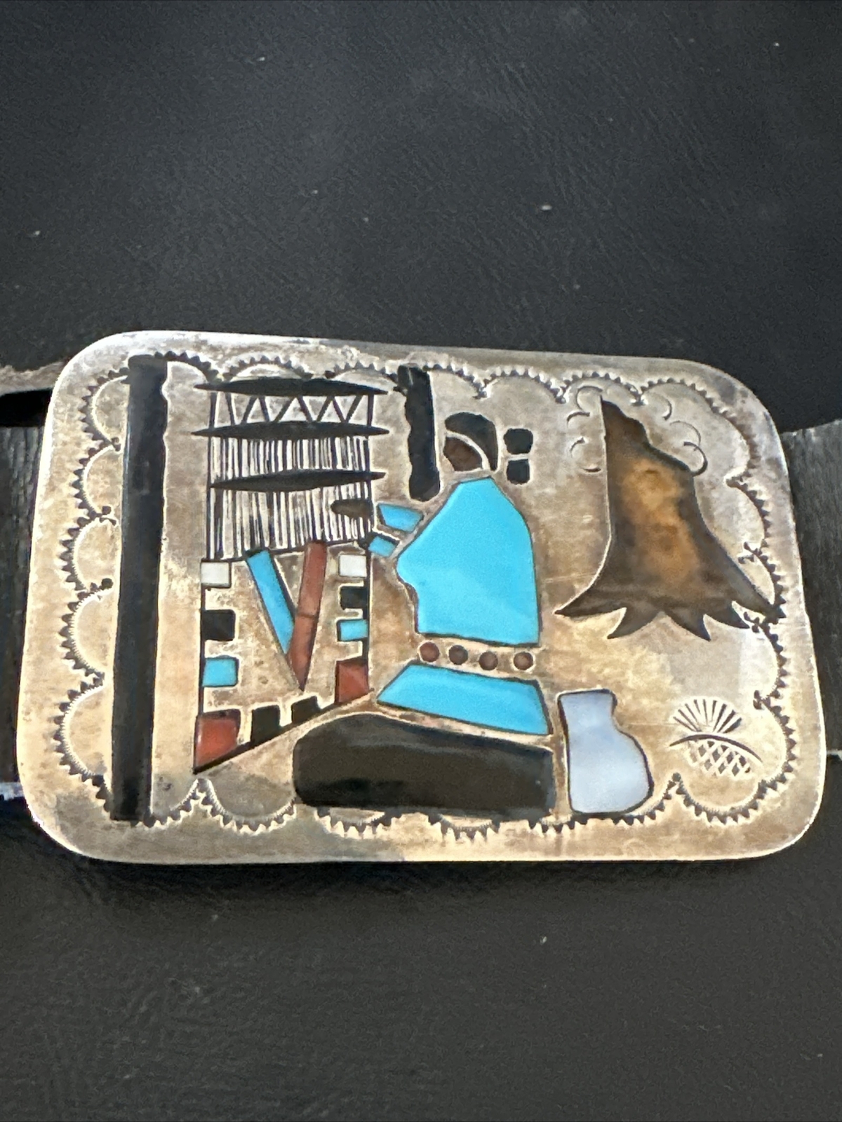 Turquoise Onyx Zuni Sterling Silver Sun Face Inlay Old Pawn Belt 40&Prime; 17406