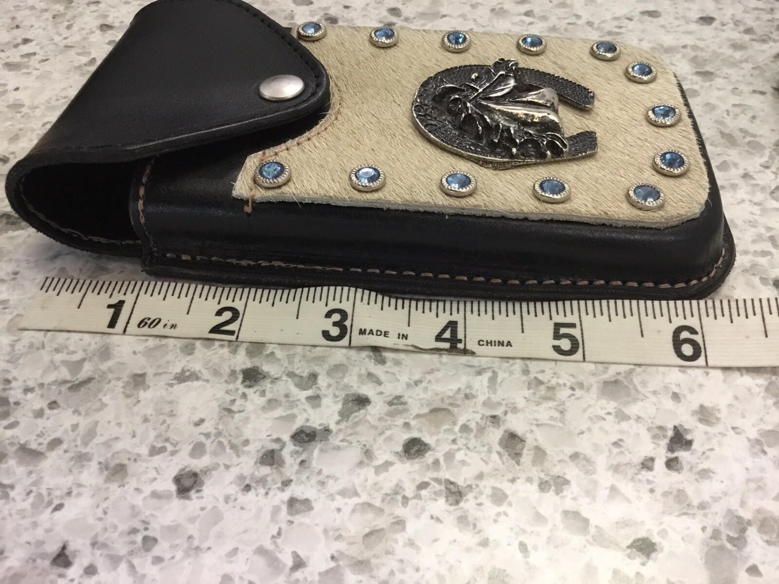 Leather Belt Attachment WESTERN COWHIDE HORSE HORSESHOE BLUE STONES-NICE!!