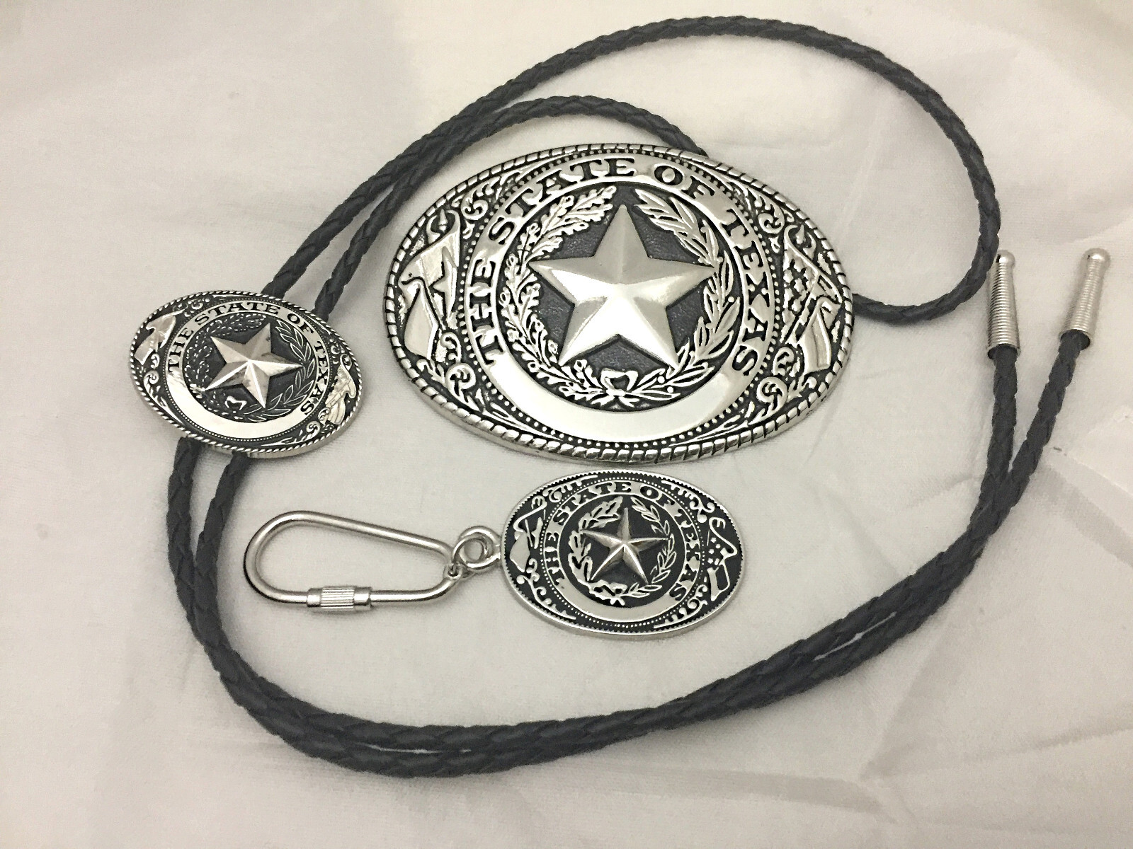 3 piece box set Great Seal of Texas Buckle Belt Buckle, Bolo & Key Ring Silver