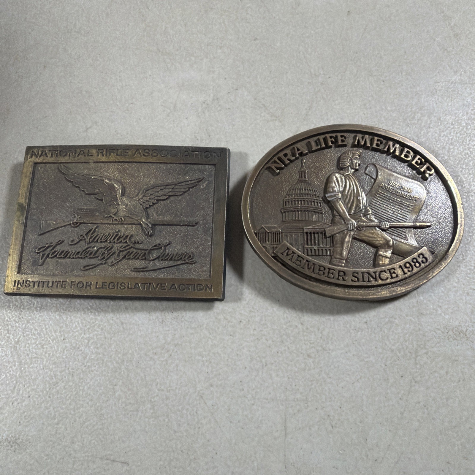 Set Of 2 NRA Life Member Solid Brass Belt Buckles