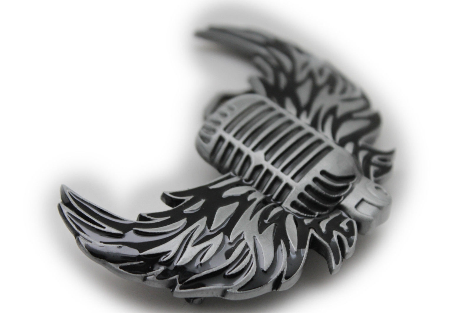 Men Women Silver Buckle Western Hip Hop Radio Music Microphone Fire Wings Rocker