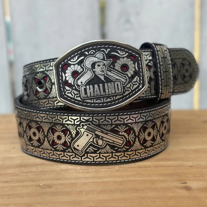 Genuine Laser Cut Leather Chalino Western Belt with Removable Buckle – Silver