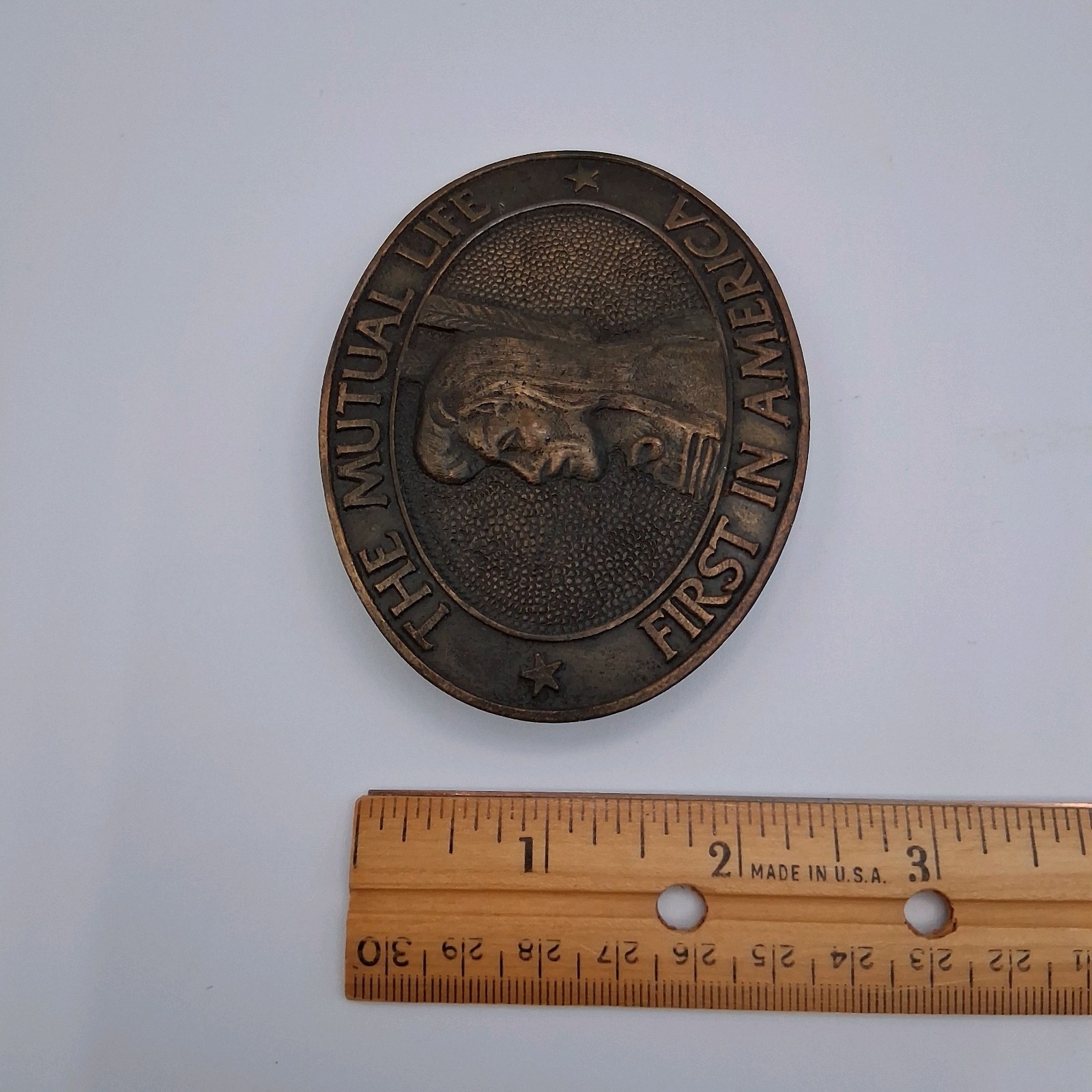 Vintage The Mutual Life First in America Insurance Advertising Metal Belt Buckle