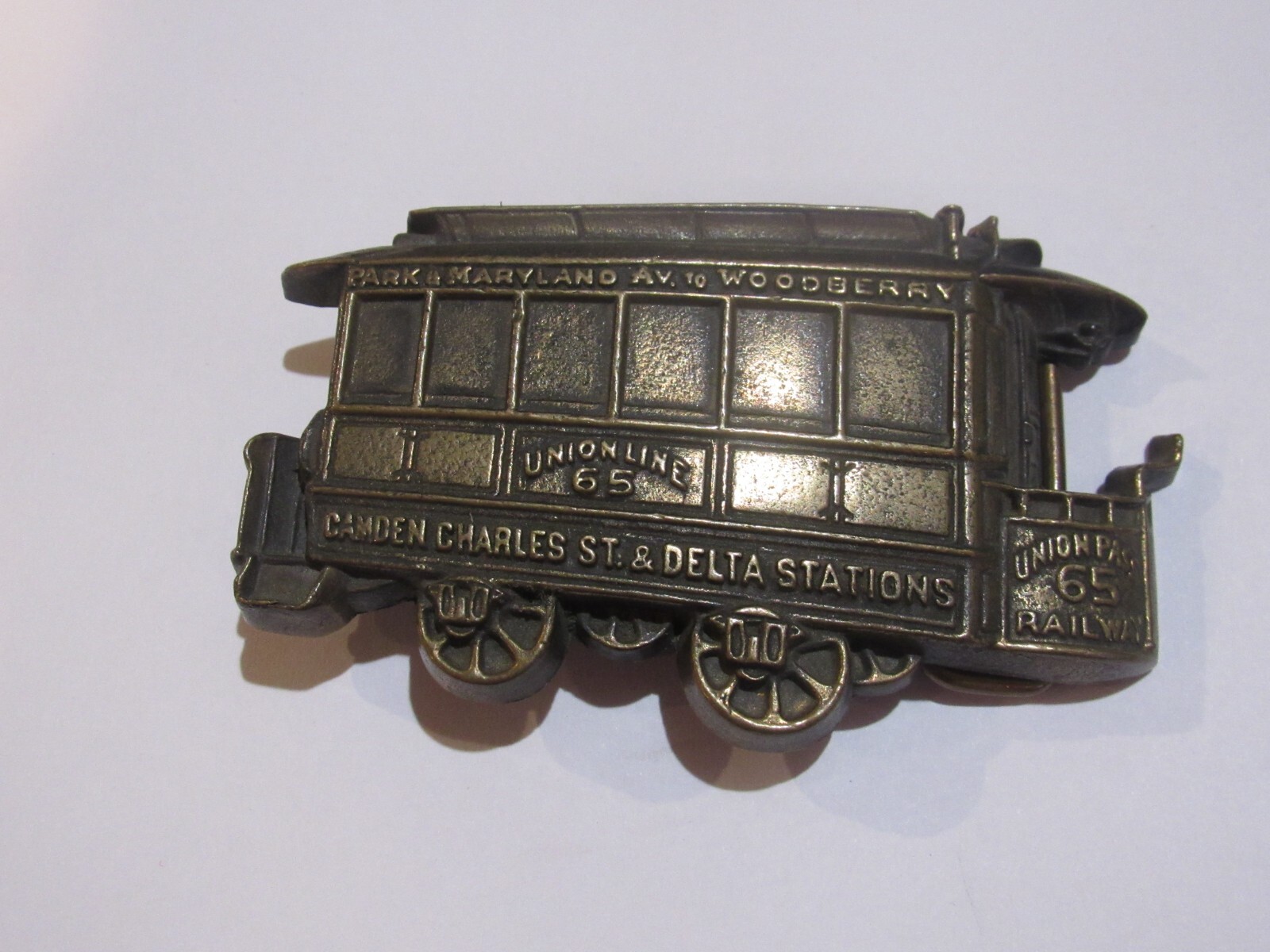 vintage 1979 solid brass Union Pass 65 Railway die-cut train car belt buckle