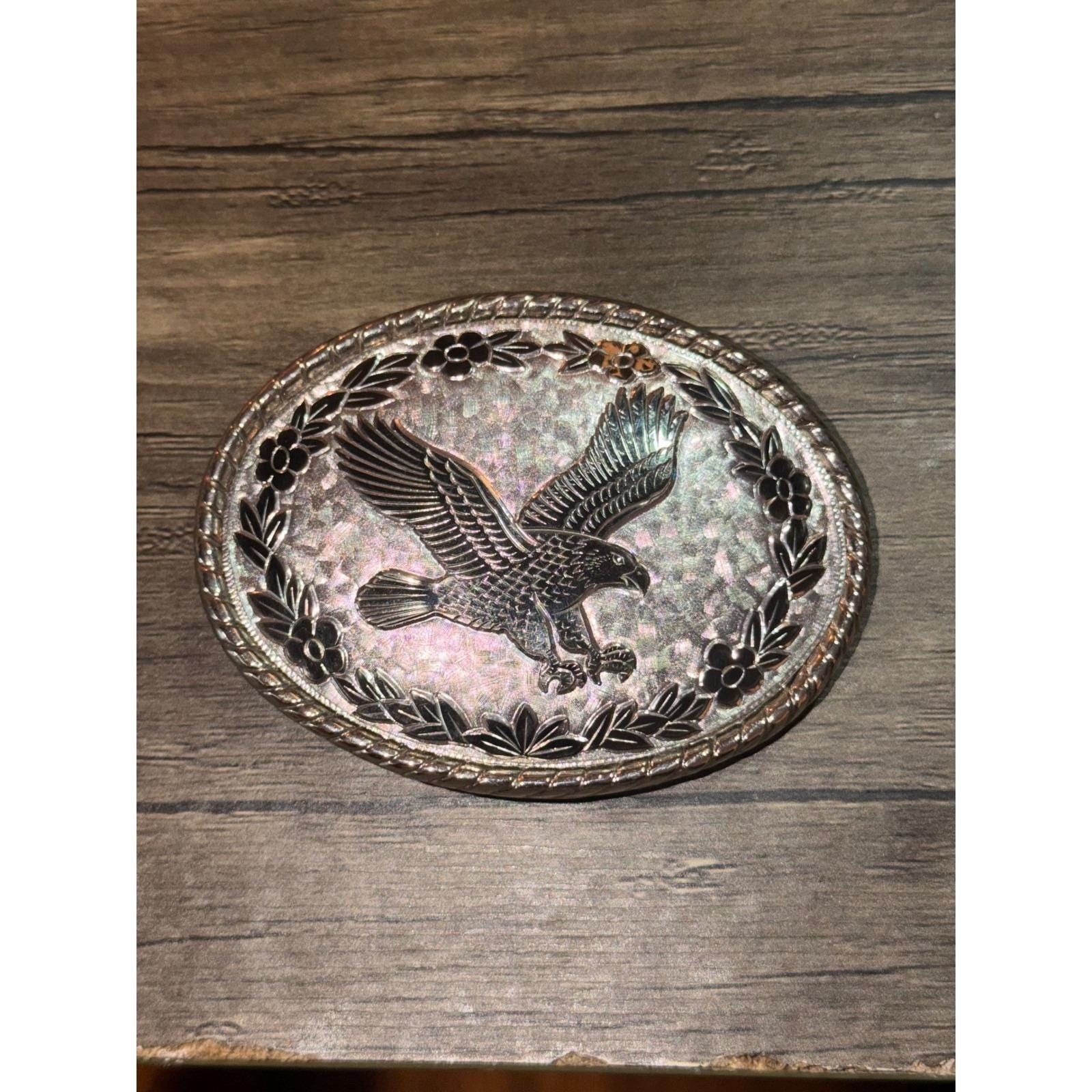 Western Belt Buckle Silver Tone Soaring Eagle Floral Oval Vtg W Made in USA Lg