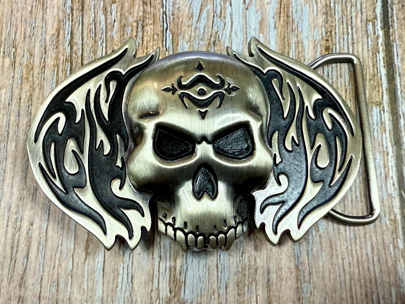 Skull with Flames Cutout Silver & Black Color Silver Moon Creations Belt Buckle