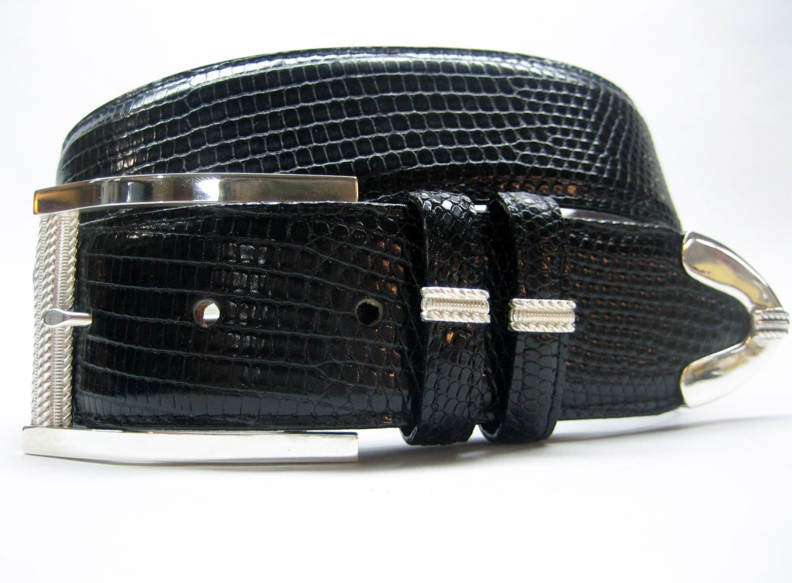 Sterling Silver 925 buckle 2 loops & tip set w Lizard 1-1/2&Prime; belt size 26 to 46