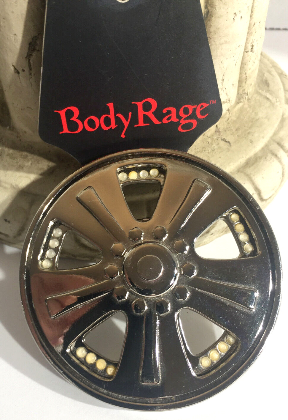 Body Rage Spinning Tire Rim Wheel Spinner Cut-Out Alloy Belt Buckle Chrome New