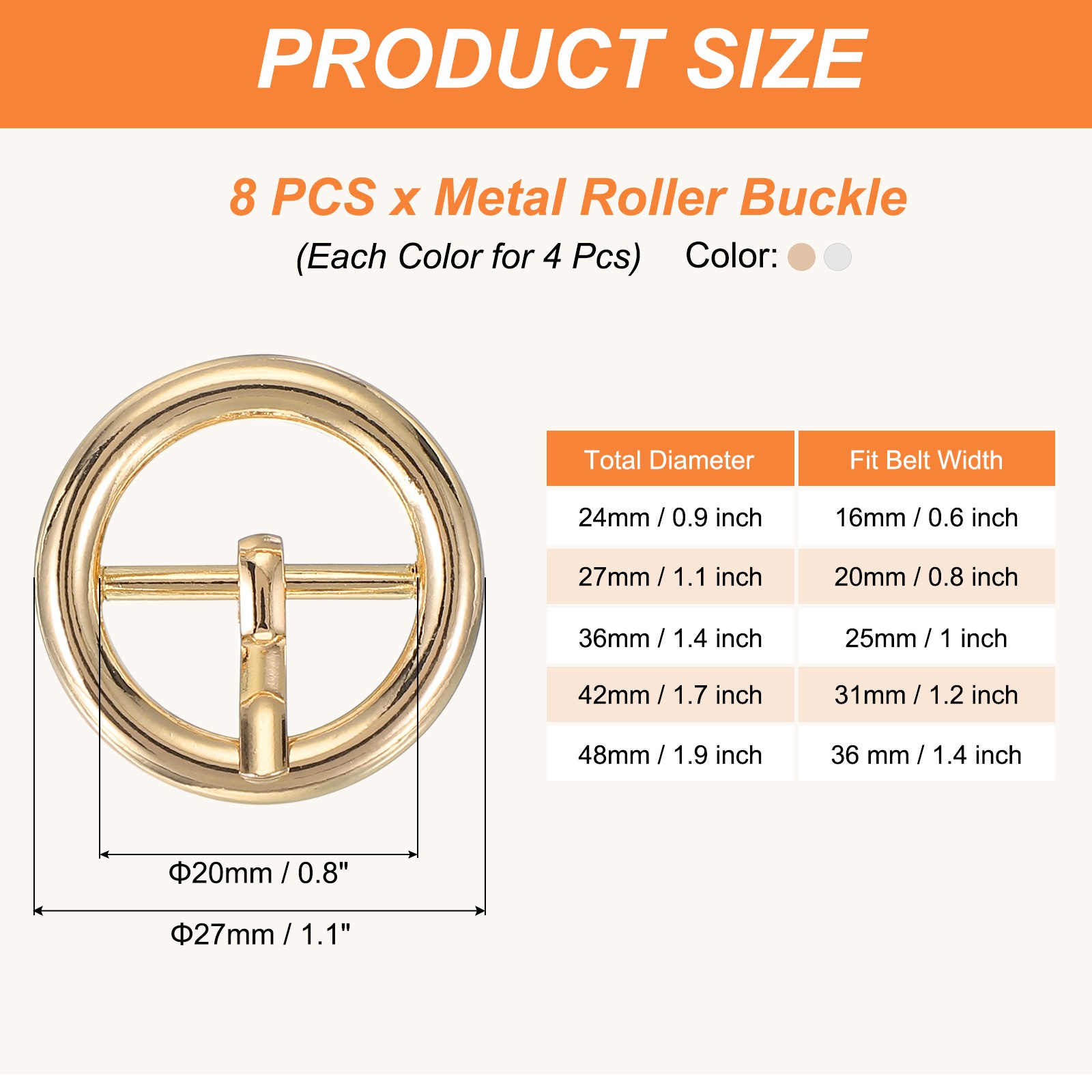 8Pcs 0.8&Prime; Single Prong Belt Buckle Metal Roller Buckle Silver/Light Gold