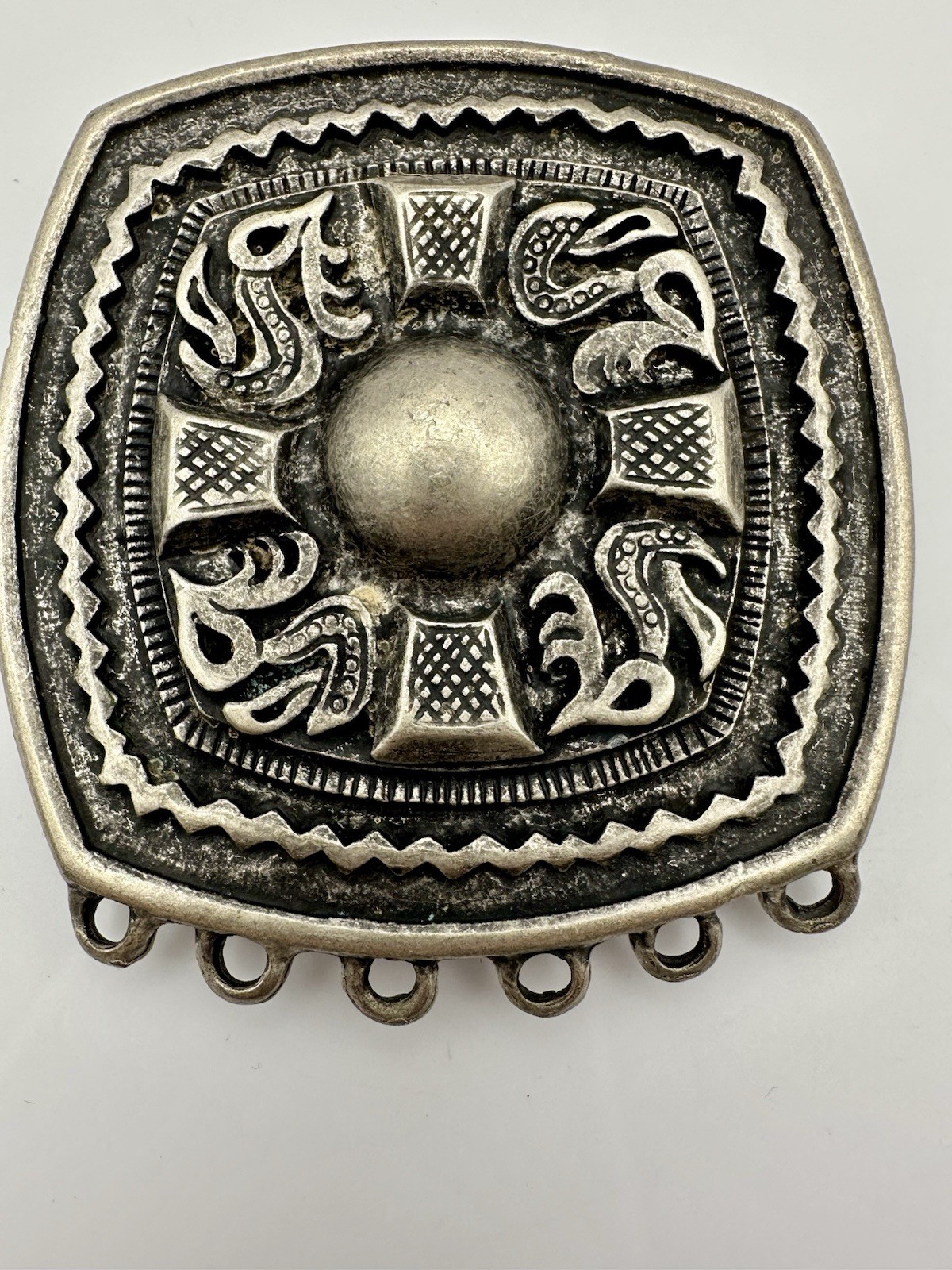 VTG Western Belt Buckle Ornate Silver Aztec Mexican Style EUC Heavy