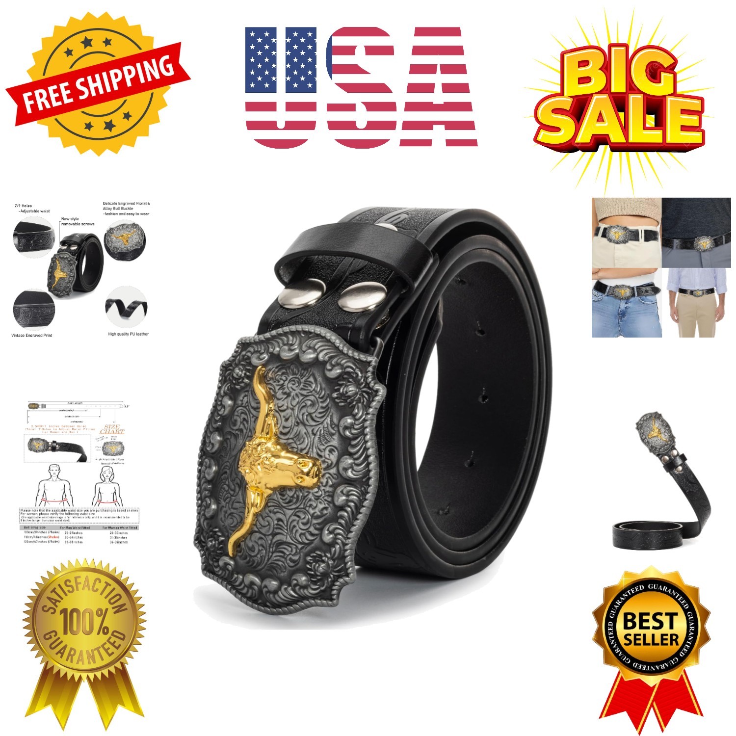 Western Cowboy-Belts for Men Big-Buckle Longhorn-Bull Pu-Leather Rodeo Cowgirl-B