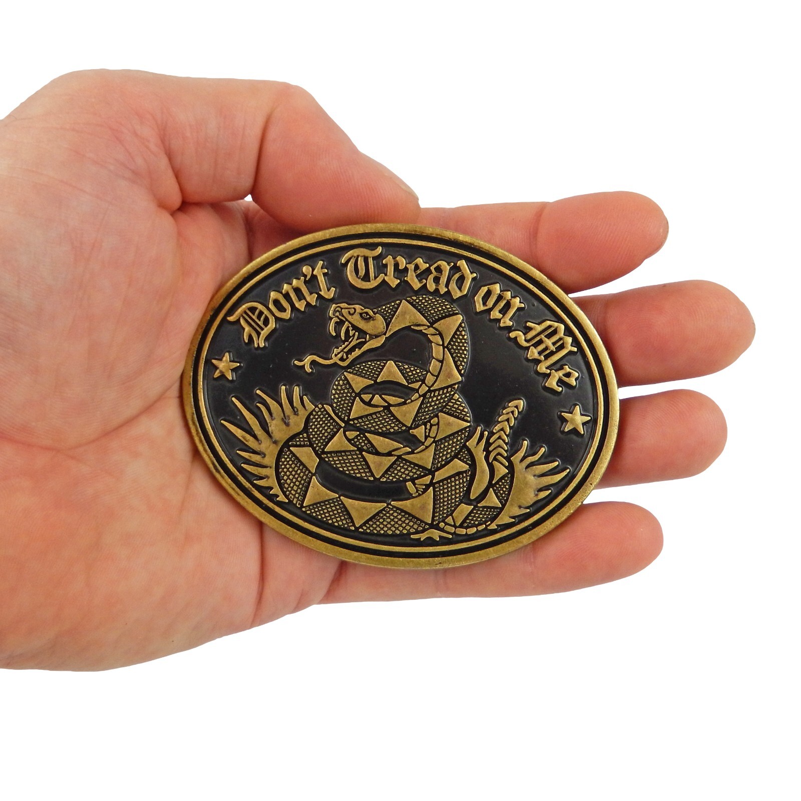 Don&rsquo;t Tread On Me Gadsden Flag Snake Belt Buckle Antique Bronze Black Enamel