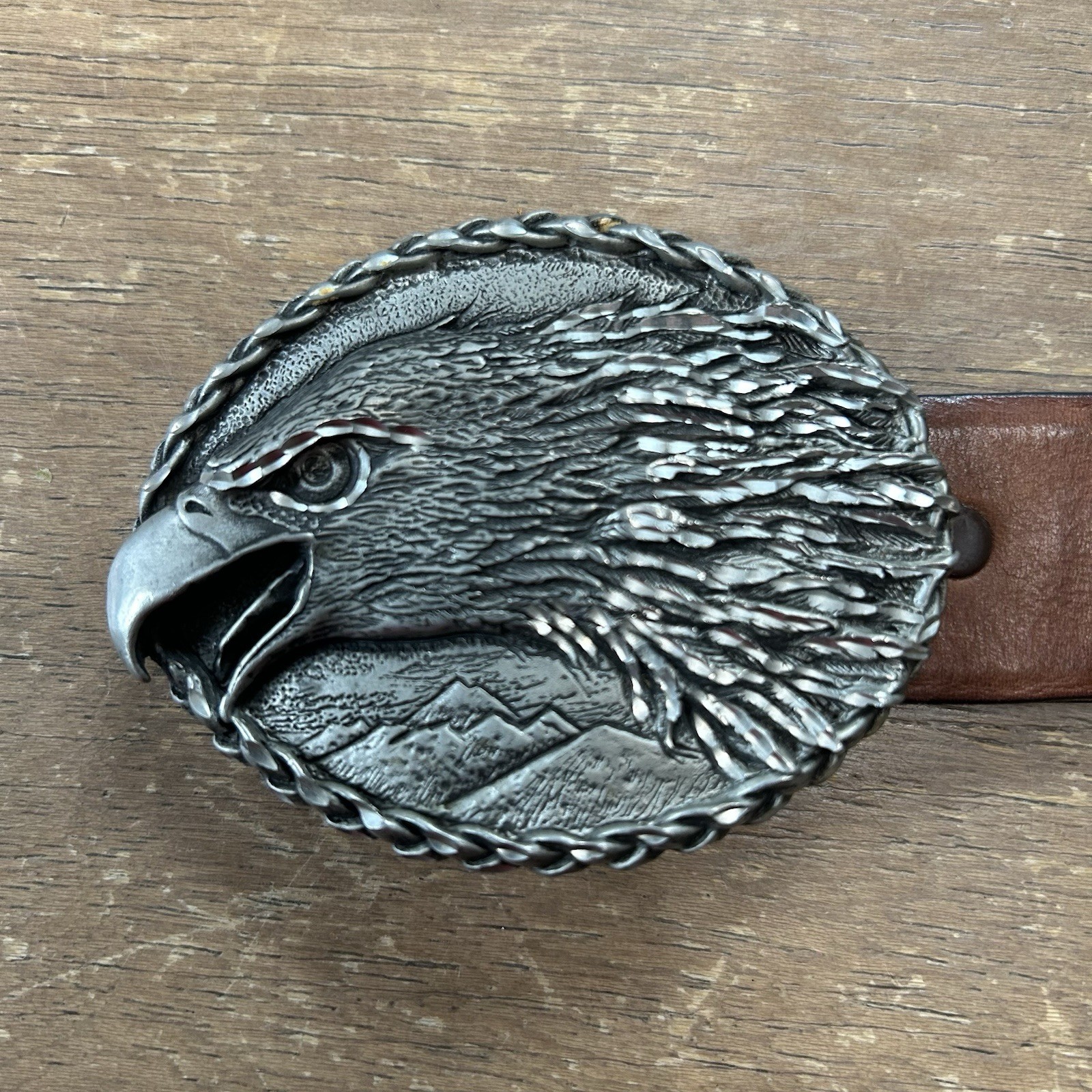 Nickel Screaming Eagle Belt Buckle w/Brown Leather Belt Size 36 Western Cowboy
