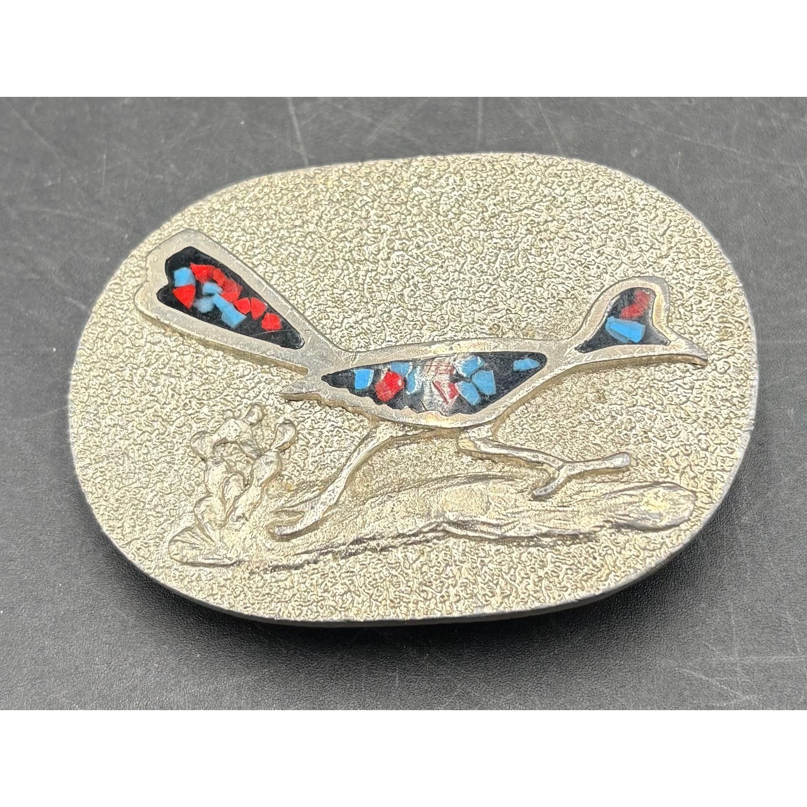 Vtg Siskiyou 1979 Roadrunner Belt Buckle BB787 Red Blue Chip Inlay Silver Tone