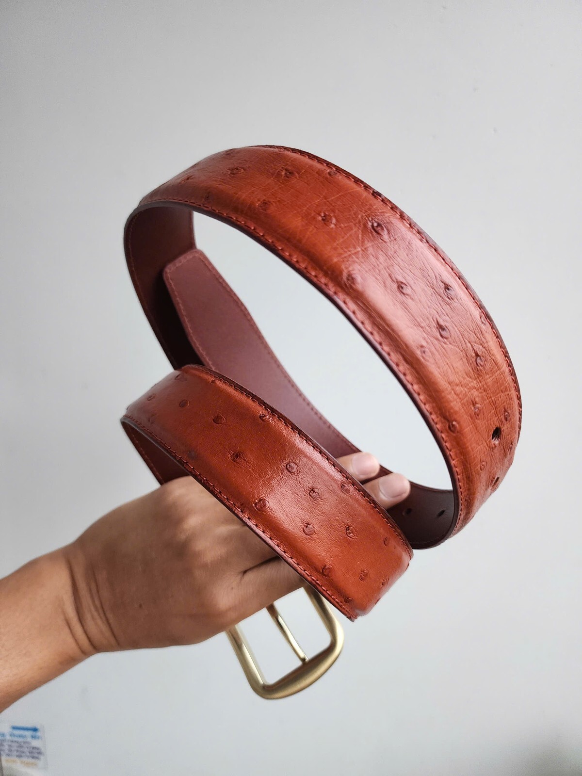 3.8CM Brown 100% Genuine Body Ostrich Leather Skin Men Belt Buckle- Handmade