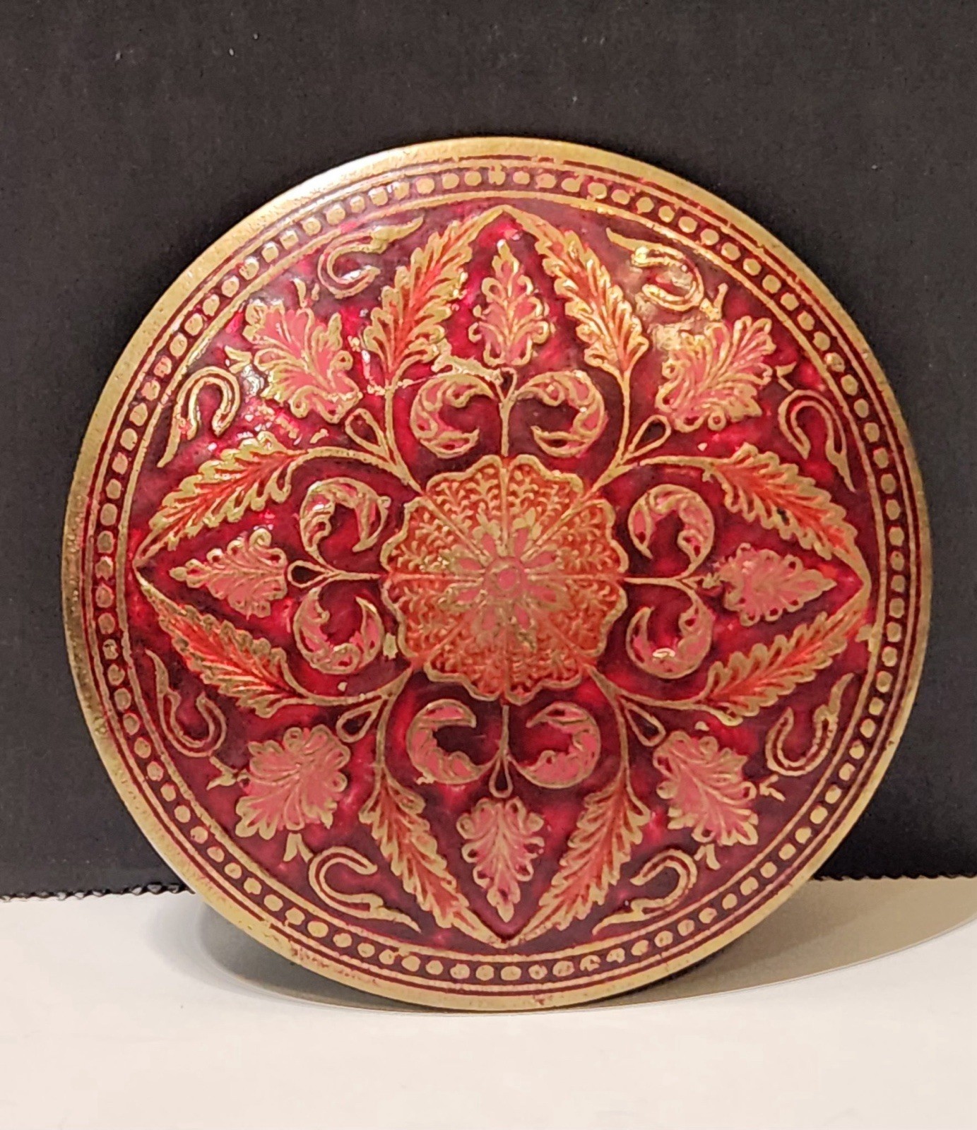 Vintage Red Enamel Floral Damascene Style Round Belt Buckle India 4.75”