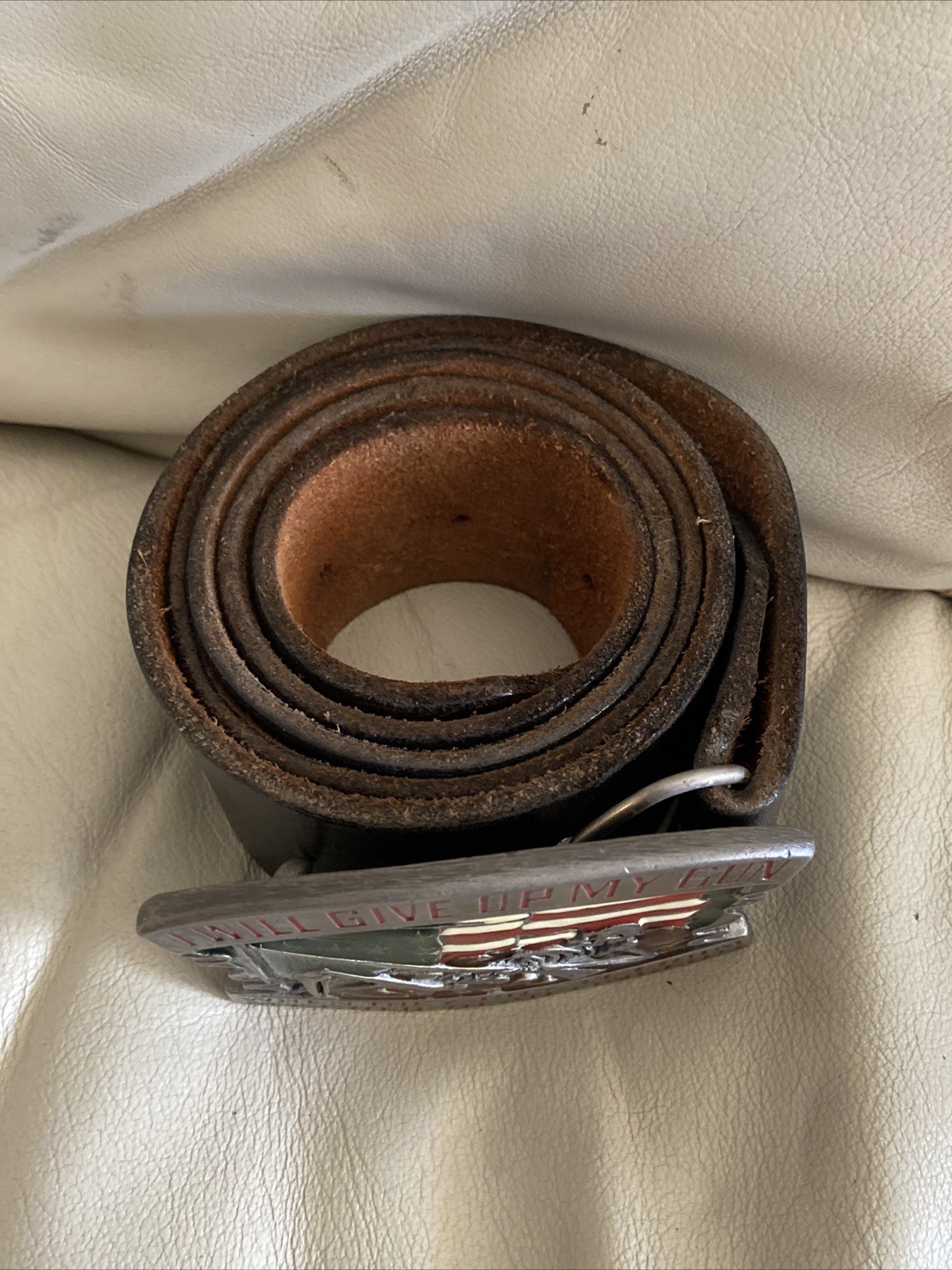 Vintage I WILL GIVE UP MY GUN WHEN THEY PRY IT FROM MY.. Leather BELT And BUCKLE