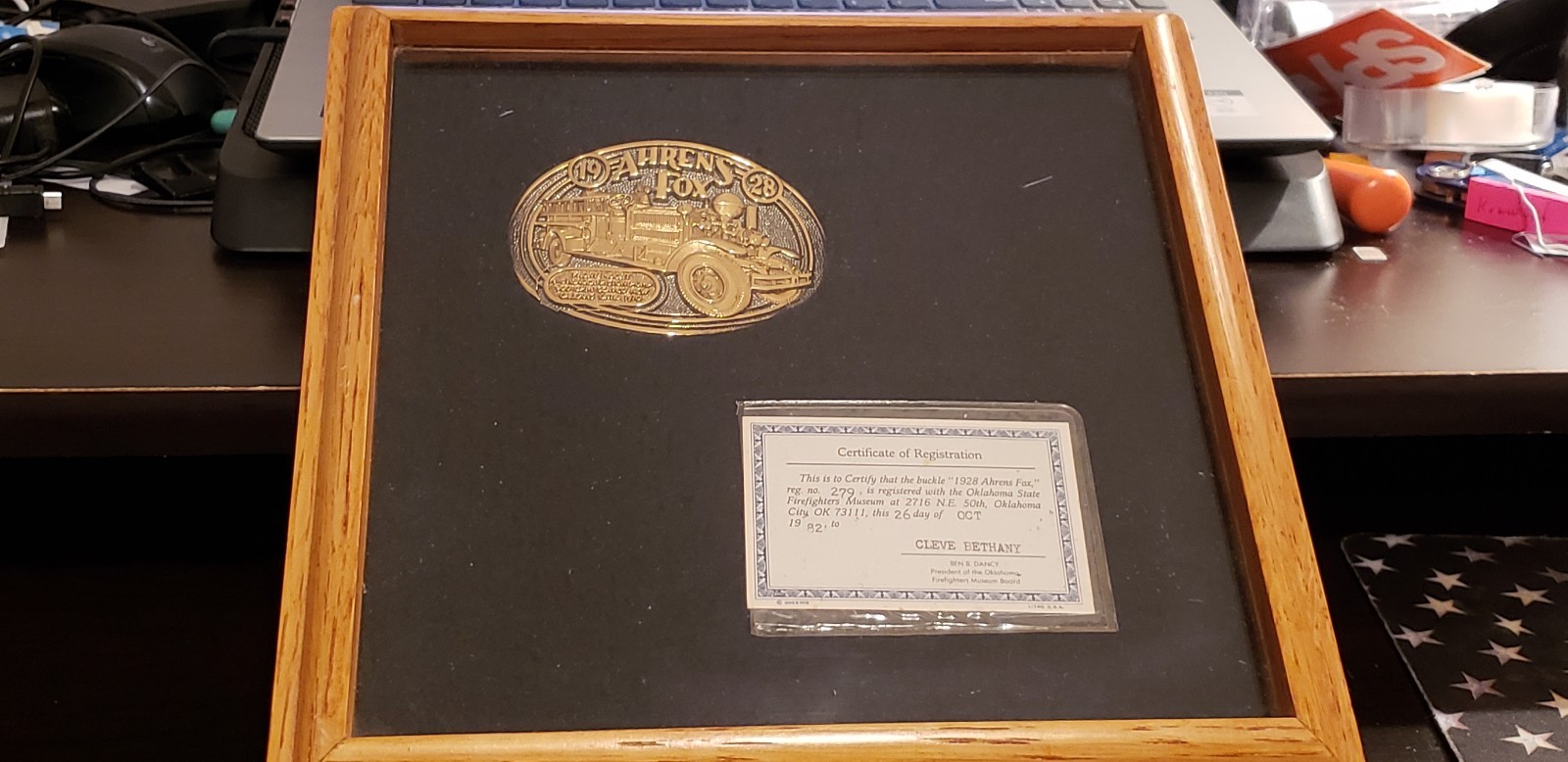 OK Firefighters 1928 AHRENS FOX Fire Truck Gold Highlight Belt Buckle