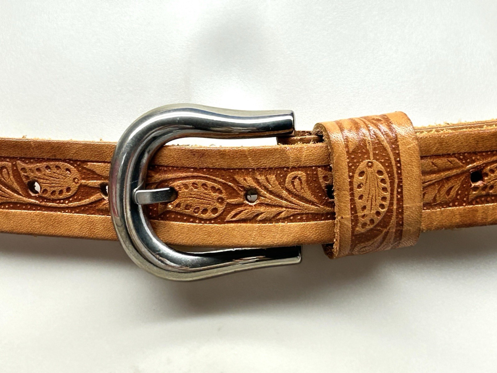 Vintage Inspired Tooled Leather Belt Silver Buckle Fits 24–28 Western Cowboy