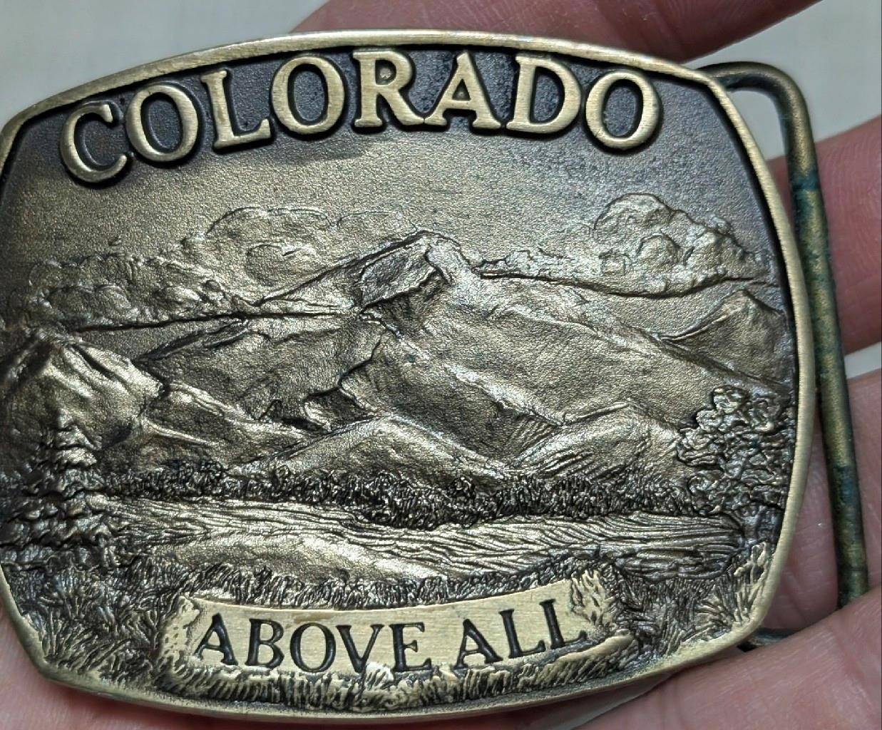 vintage COLORADO belt buckle MOUNTAINS above all SOLID BRONZE cowboy WESTERN