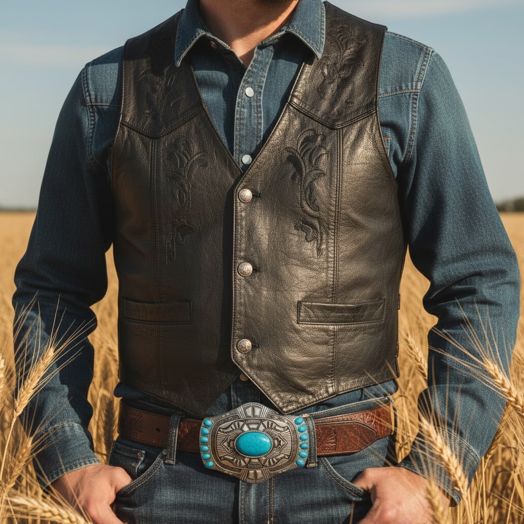Men Silver Metal Buckle Rodeo Western Decorative Turquoise Blue Beads Jeans Pant
