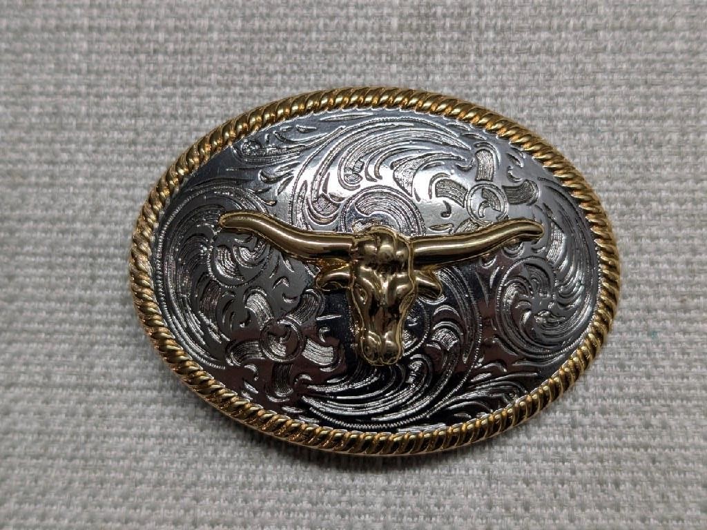 vintage style WESTERN belt buckle LONG HORN steer COWBOY gold/silver RODEO