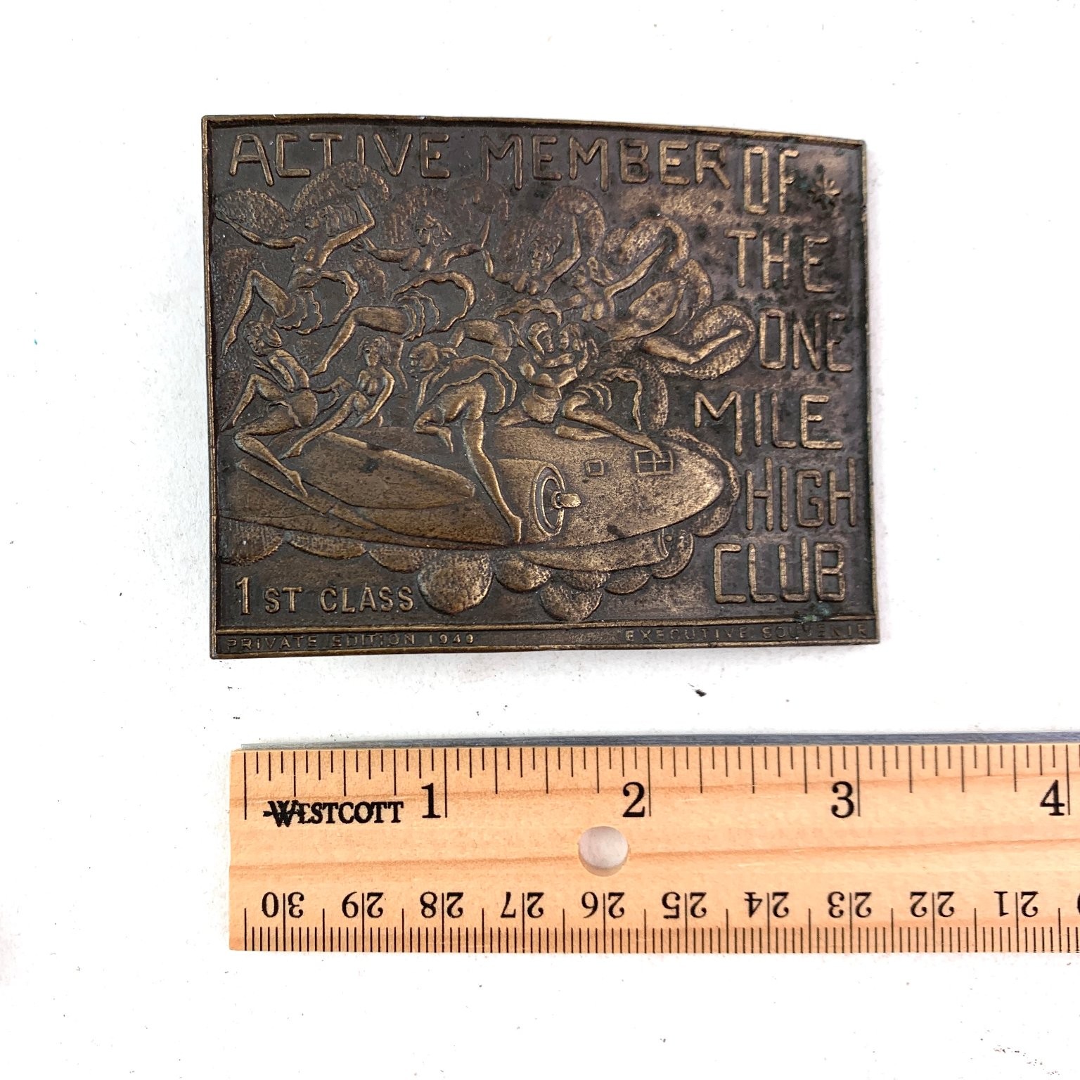 Vintage 1949 One Mile High Club Member Belt Buckle Art Deco Bronze Tone Lewis