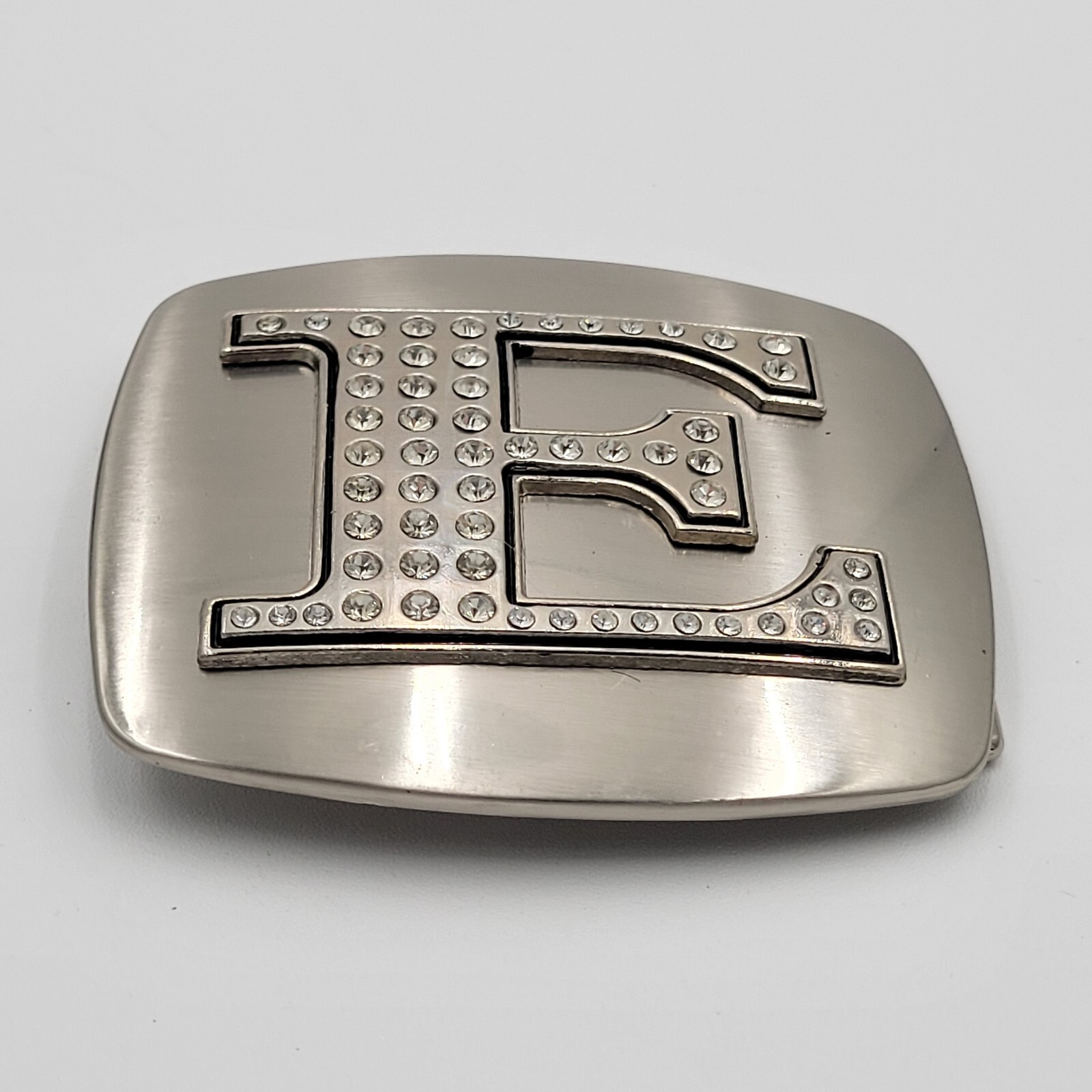 Initial E Monogram Square Belt Buckle Brushed Chrome With Rhinestones