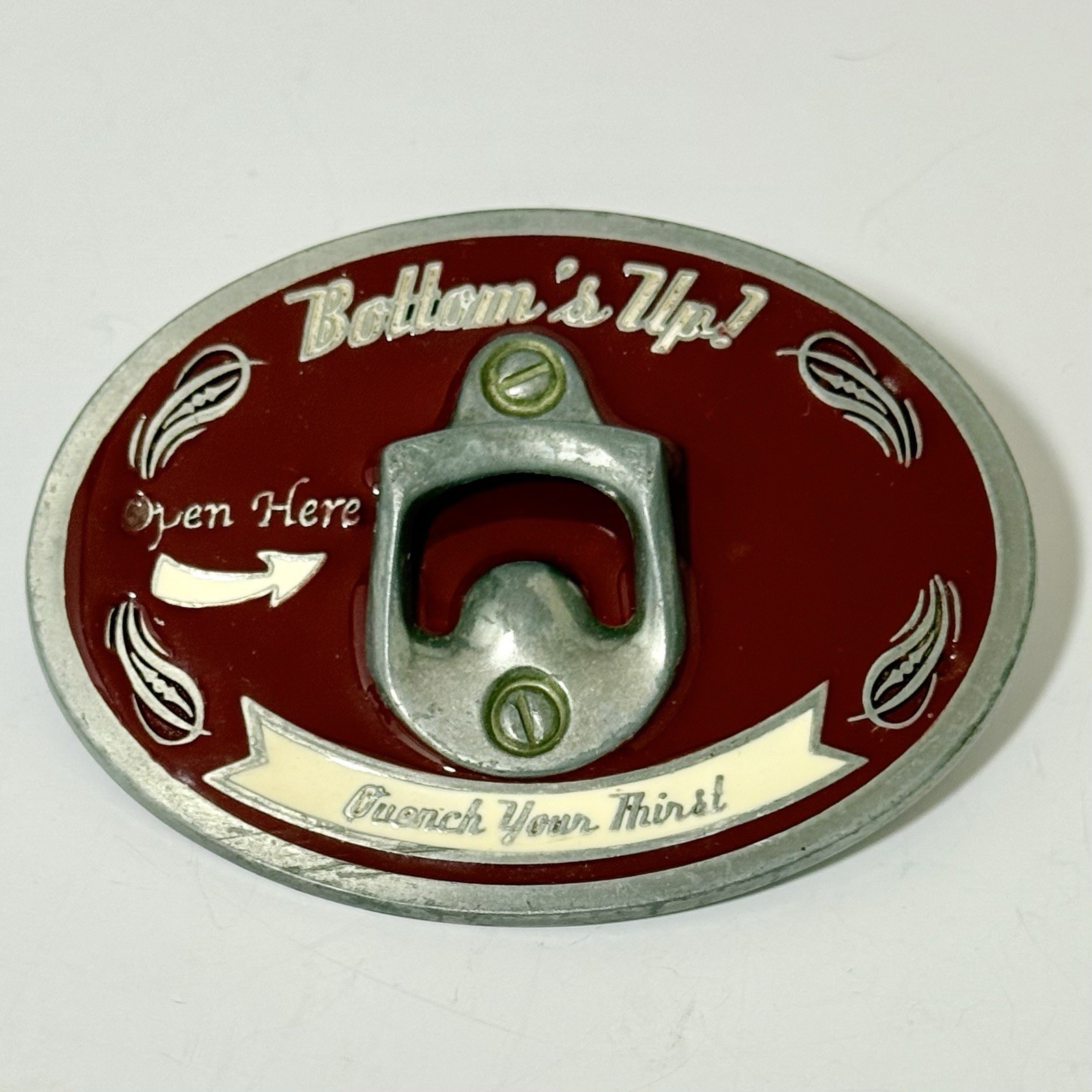 Vintage Bottom&rsquo;s Up! Belt Buckle Bottle Opener 1990’s Novelty Bottle Opener USA