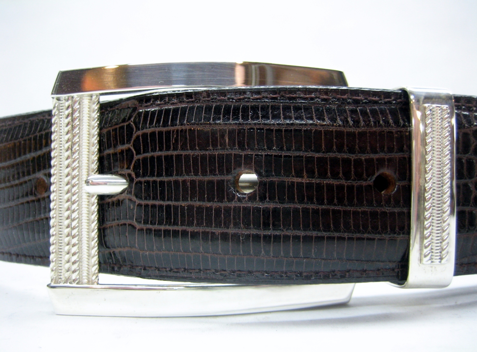 Sterling silver 925 buckle & loop, 44 grams w/Genuine Lizard 1.5  » belt U.S.A..