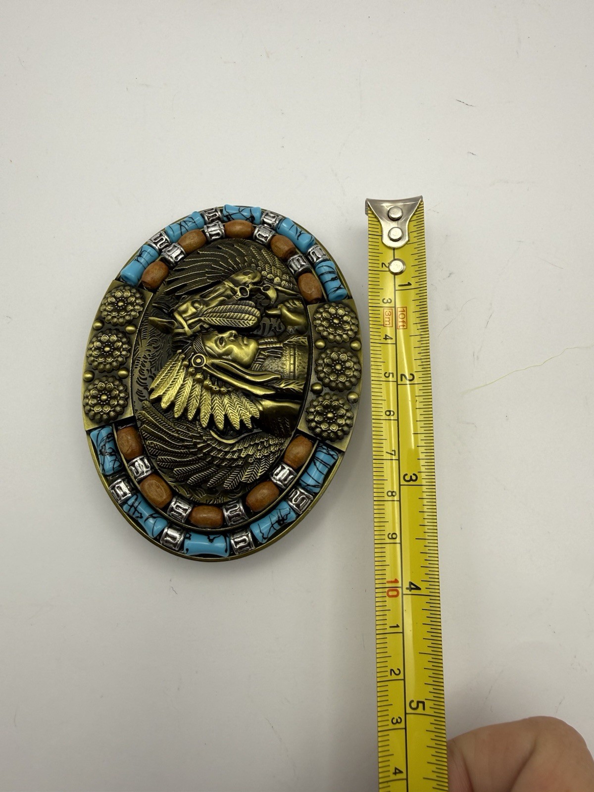 Brass Coloring Native American Buckle Western Cowboy Turquoise Stone Belt Buckle