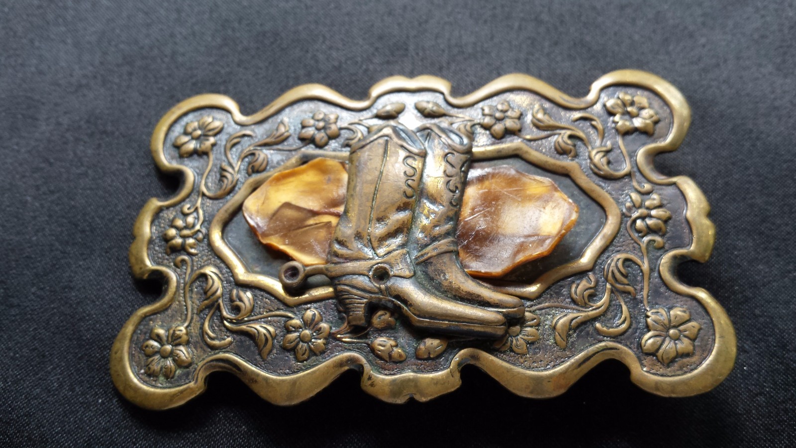 WESTERN COWBOY BOOTS FLORAL BELT BUCKLE INSERT DARK BRONZE BRASS TONED
