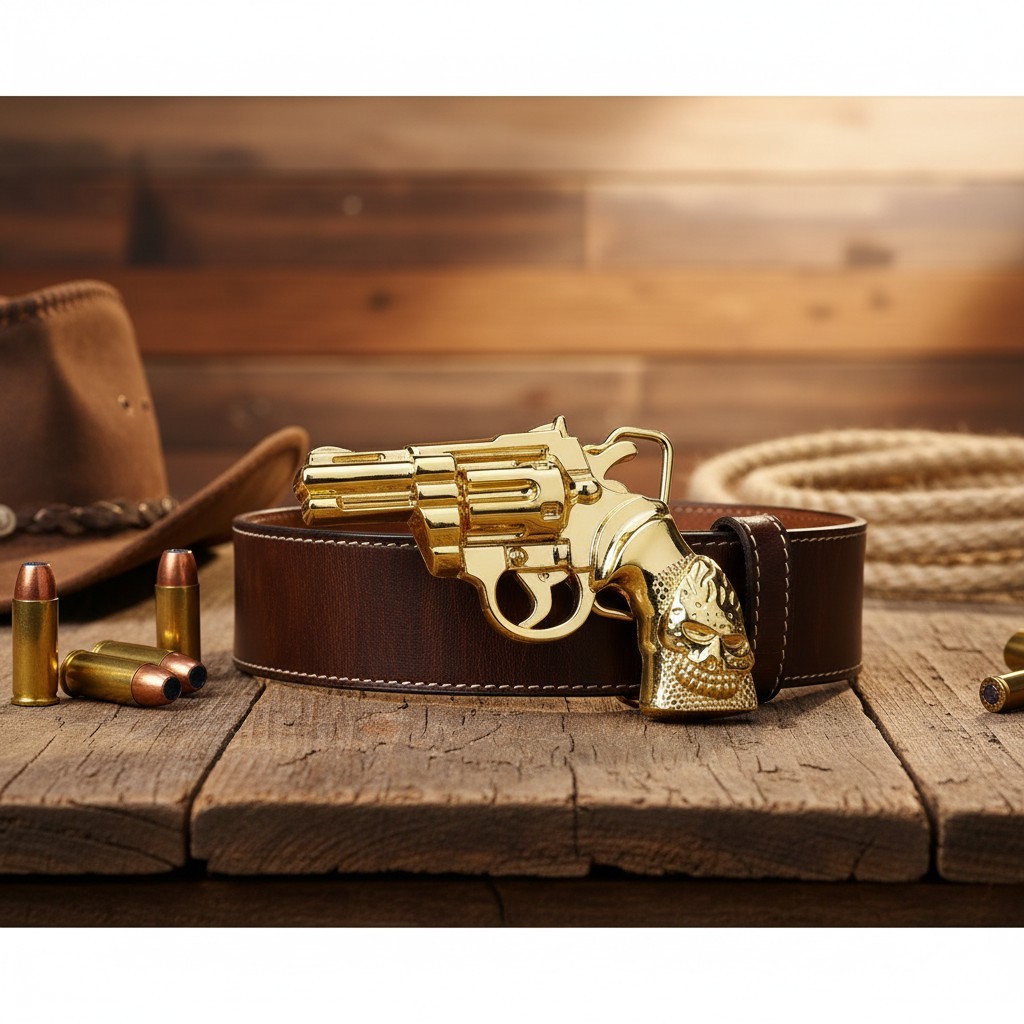 Men Belt Buckle Gold Metal Western Cowboy Pistol Revolver Gun Weapon Fire Skull