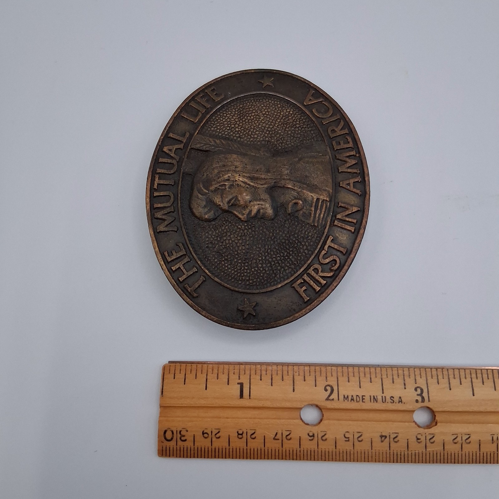 Vintage The Mutual Life First in America Insurance Advertising Metal Belt Buckle