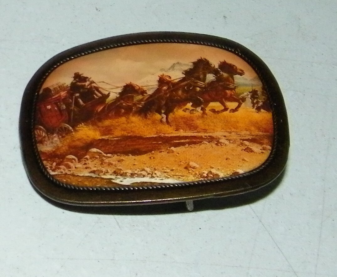 Vintage Metal Belt Buckle, Stage Coach line, Wells Fargo, Western Design Horses
