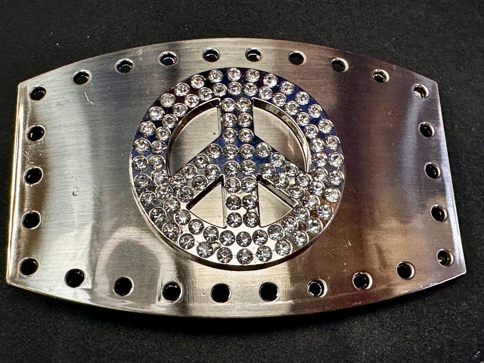 Jeweled Peace Sign Studded Rhinestone Silver Tone Belt Buckle W/ Hole Border