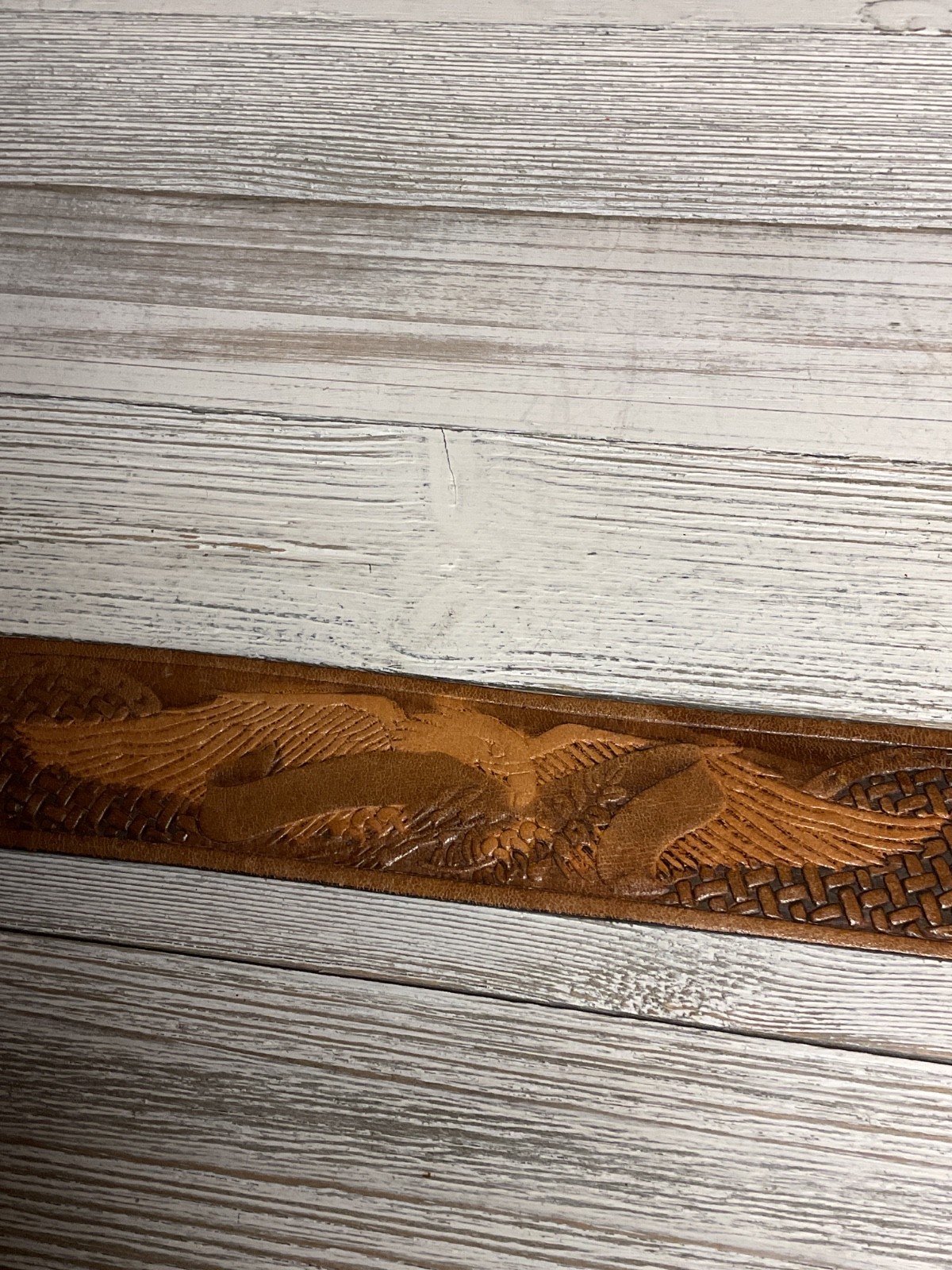 Leather Belt Embossed Eagles American Indian Belt Buckle Vintage made in USA 42”