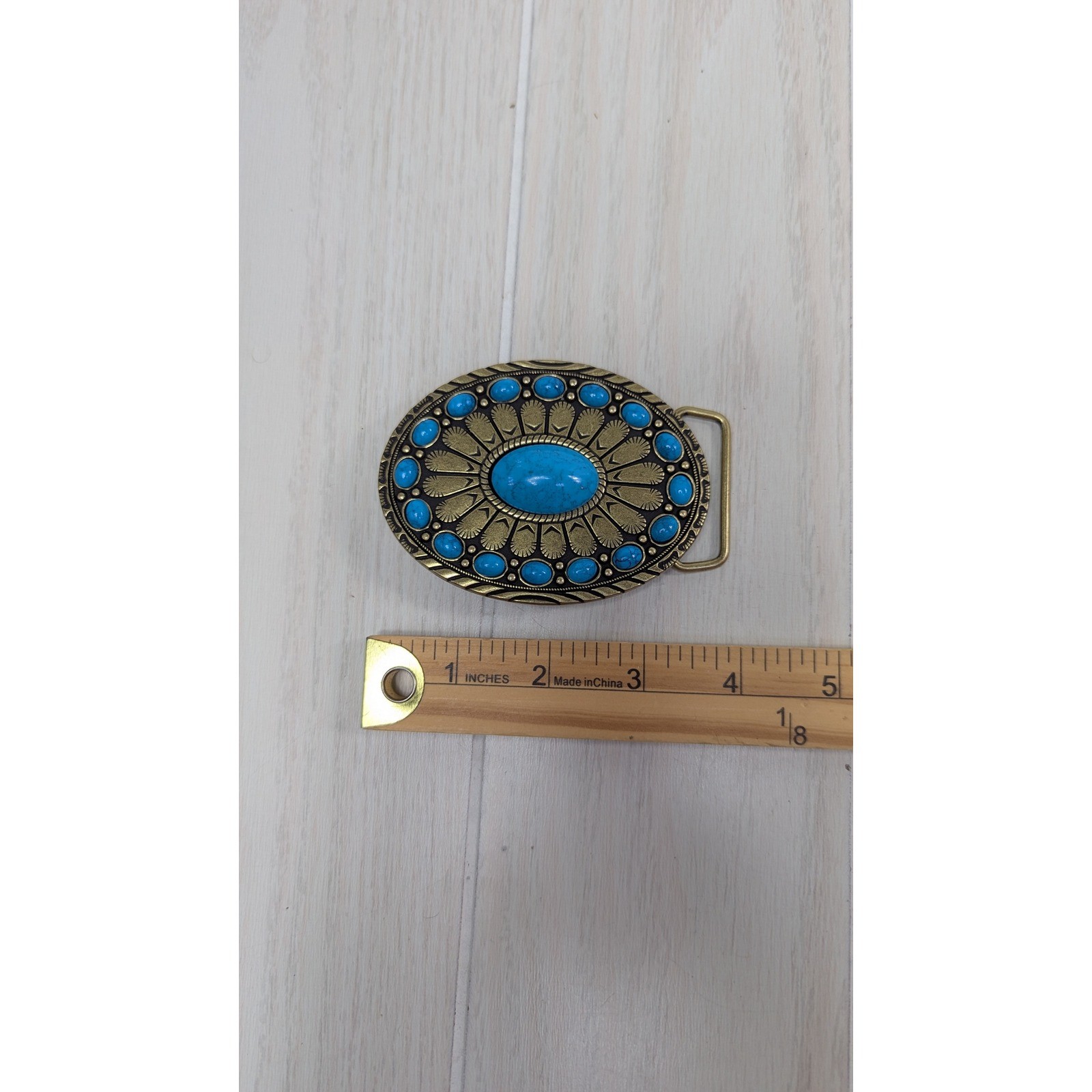 Belt Buckle Blue Faux Turquoise Western Oval Antiqued Gold Tone