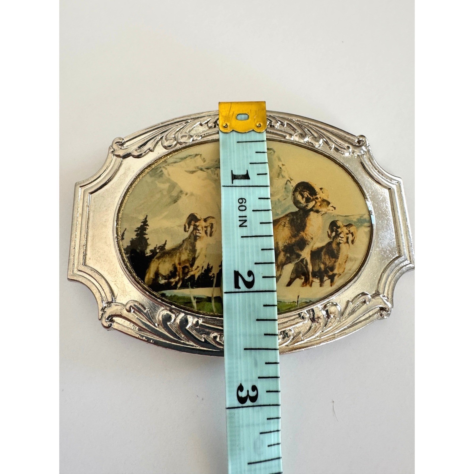 Century Canada Vintage Bighorn Sheep Mountain Scene Silver Tone Belt Buckle