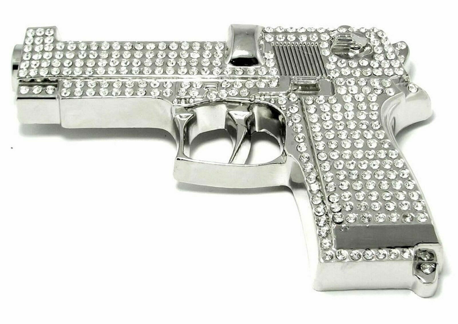 Gun Belt Buckle Iced Style Silver Metal Full of Rhinestones Revolver Pistols Men