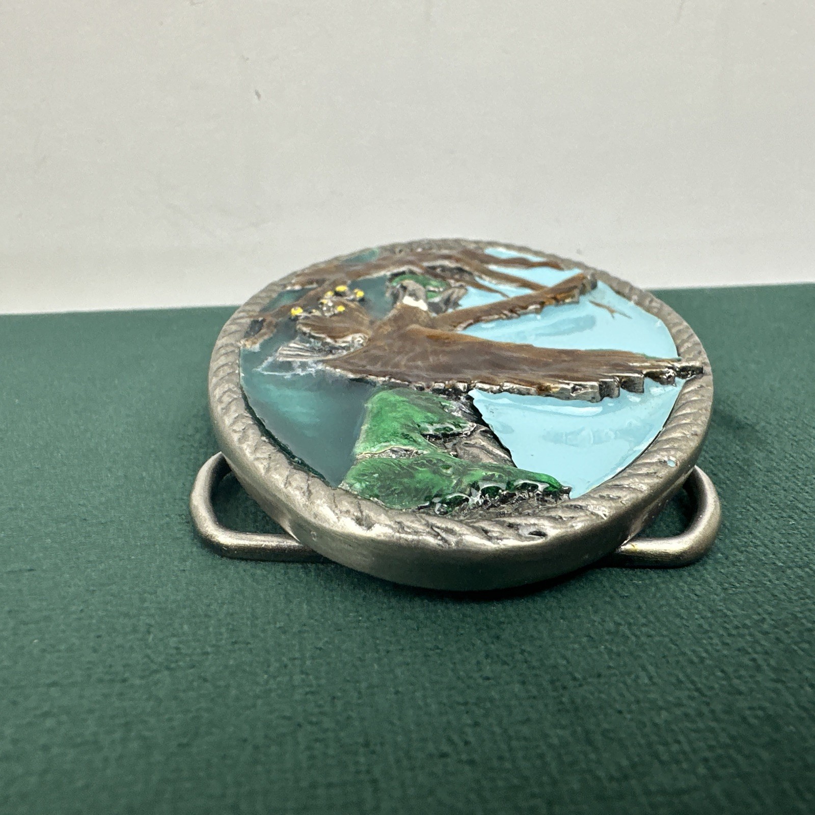 Vintage Eagle Landing On Branch Painted Metal Belt Buckle Silver Tone Nature