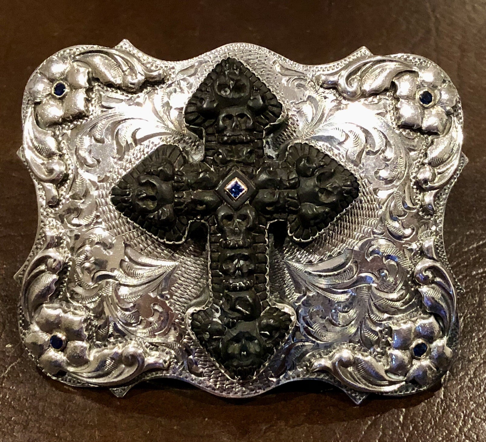 $8K JW Cooper / Comstock Heritage Hand Carved Jet Stone Cross-Skull Belt Buckle