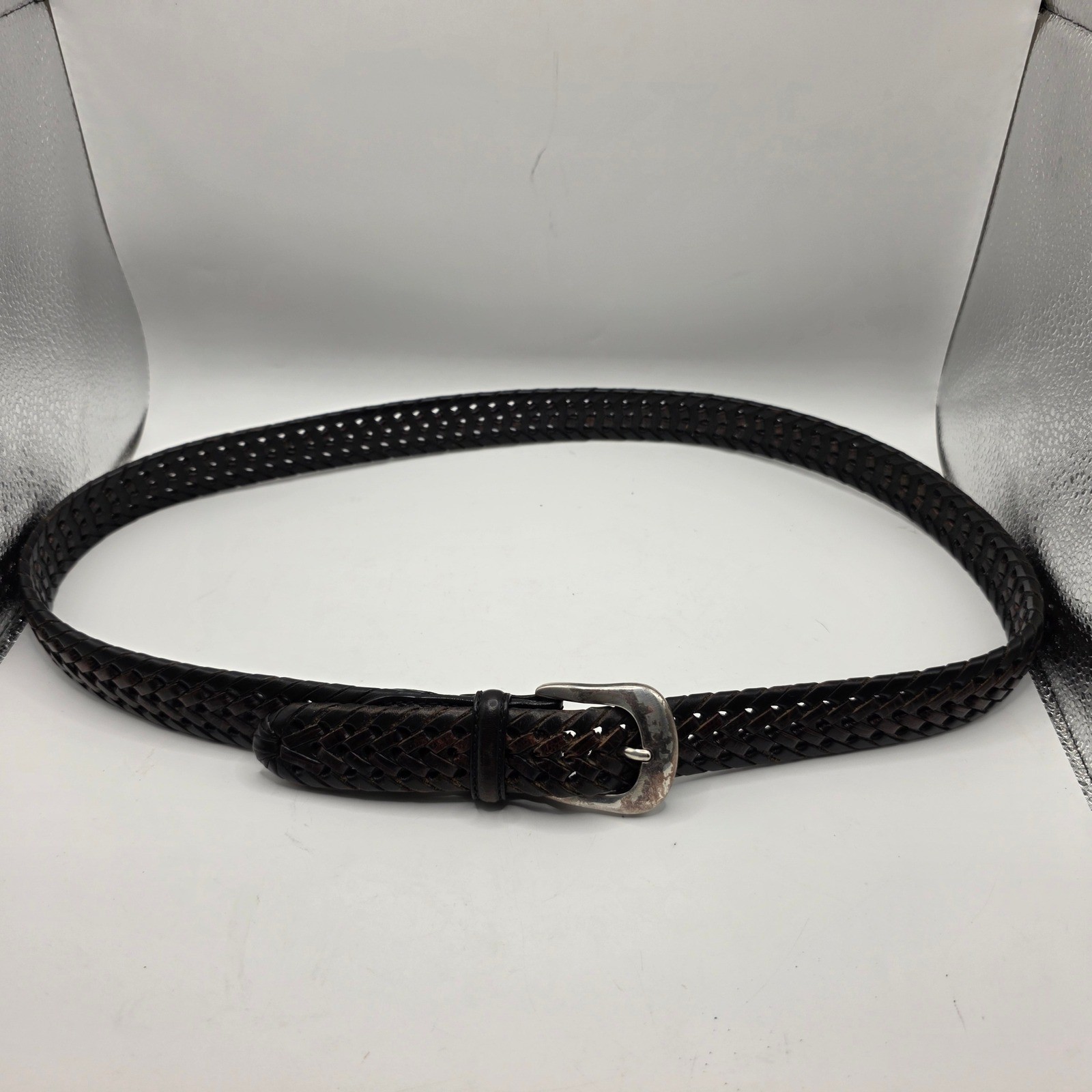 Brighton 94603 Dark Brown Braided Woven Leather Belt Silver Buckle 38