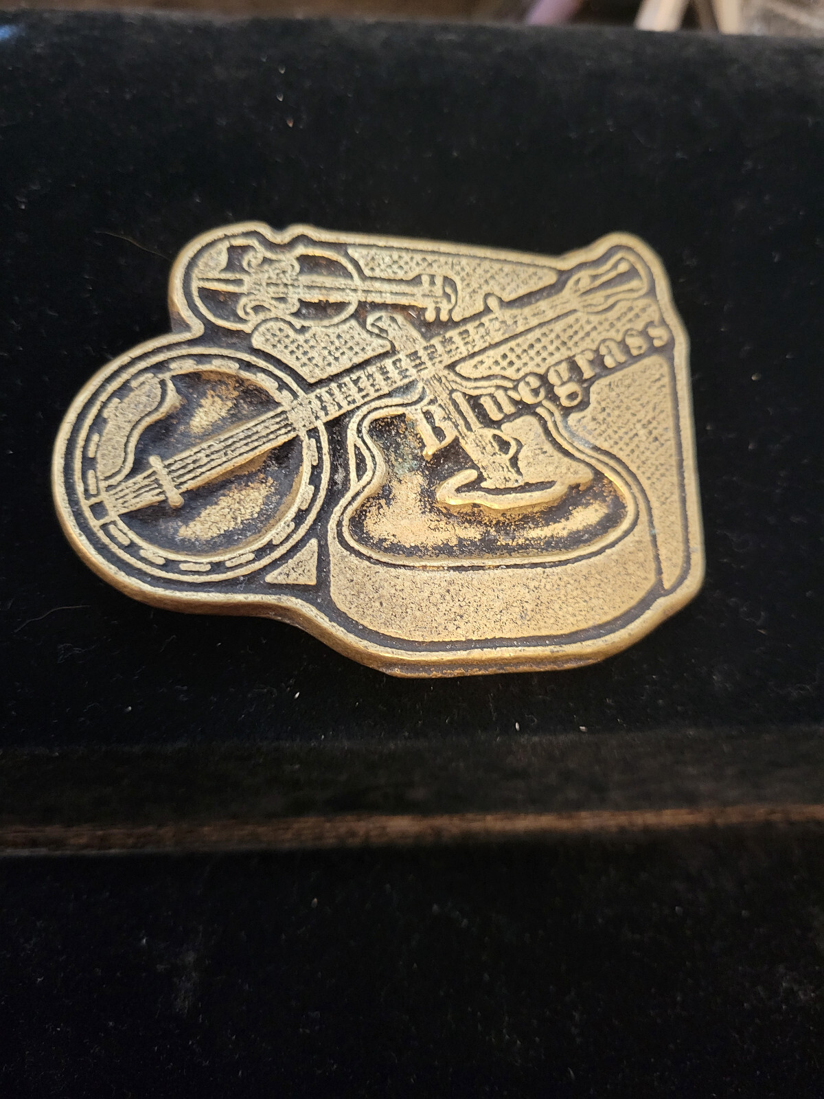 Bluegrass Belt Buckle Bango Guitar Fiddle Detailed 2”x3” Brass