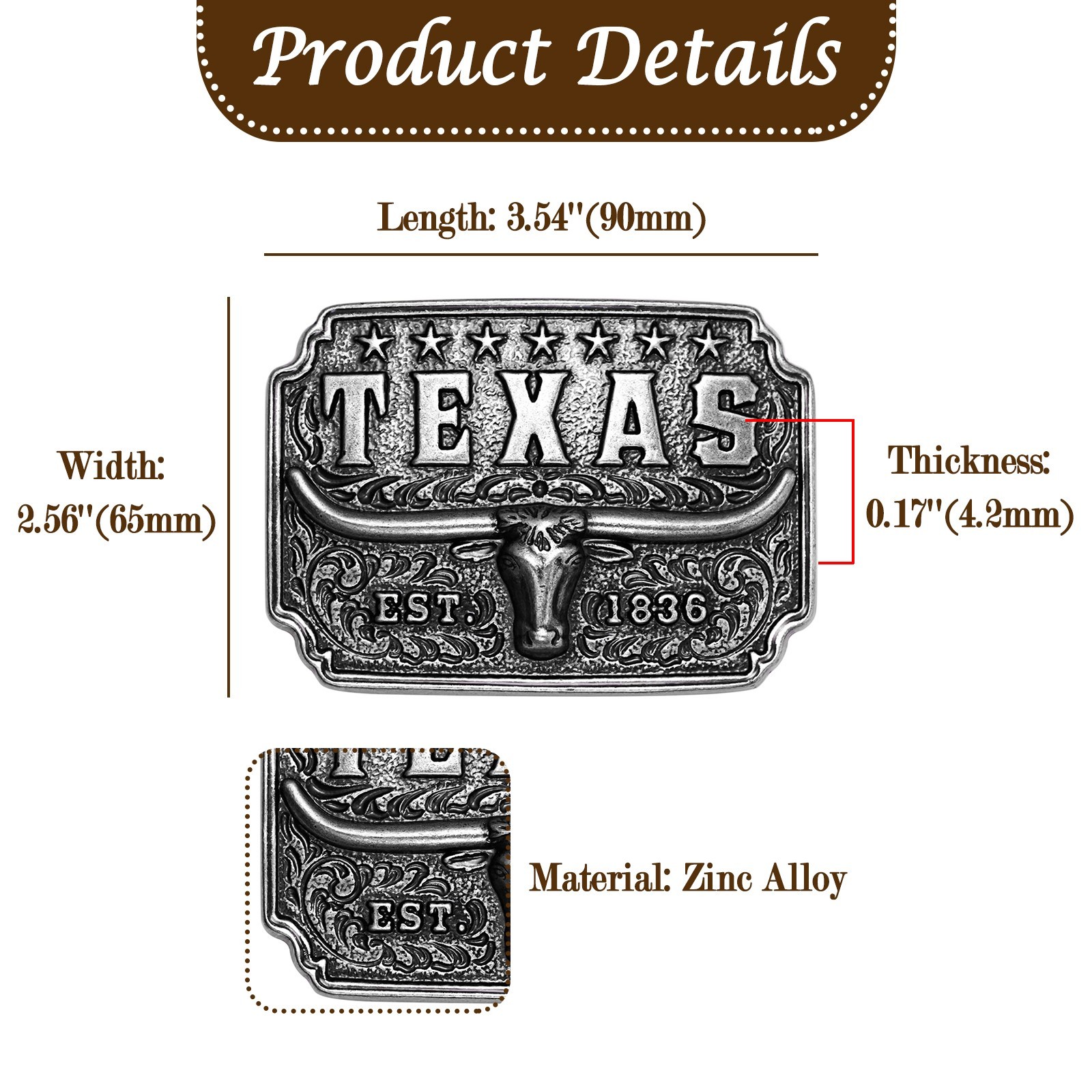 1836 TEXAS Bull Skull Alloy Belt Buckle Western Cowboy Unisex Vintage Rodeo Gift